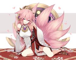 Rule 34 | 1girl, :p, ahoge, animal ears, arm support, bent over, commentary request, detached sleeves, earrings, falling petals, fox ears, fox girl, fox shadow puppet, fox tail, genshin impact, hair between eyes, hair ornament, highres, japanese clothes, jewelry, kitsune, kyuubi, long hair, long sleeves, looking at viewer, multiple tails, nage (sacosui ng), nontraditional miko, petals, pink hair, purple eyes, ribbon-trimmed sleeves, ribbon trim, sidelocks, sitting, smile, solo, spread legs, tail, tongue, tongue out, wariza, wide sleeves, yae miko