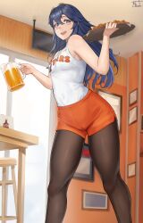 Rule 34 | 1girl, :d, absurdres, bare shoulders, beer mug, blue eyes, blue hair, blurry, blurry background, blush, breasts, commentary, commission, covered navel, cup, english commentary, feet out of frame, fire emblem, fire emblem awakening, hair between eyes, highres, holding, holding tray, hooters, indoors, legs, long hair, looking at viewer, lucina (fire emblem), magdalenus27, mug, nintendo, open mouth, orange shorts, pantyhose, pantyhose under shorts, short shorts, shorts, small breasts, smile, solo, standing, symbol-shaped pupils, table, tank top, television, thighs, tiara, tray, white tank top