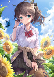 Rule 34 | black ribbon, black skirt, blue butterfly, blue sky, bow, bowtie, brown hair, brown pantyhose, brown sweater, bug, butterfly, clothes around waist, collared shirt, commentary, dated commentary, day, dress shirt, earrings, flower, green eyes, hair ribbon, highres, hololive, insect, jewelry, looking at viewer, matutoki nara05, natsuiro matsuri, outdoors, pantyhose, parted lips, pleated skirt, red bow, red bowtie, ribbon, shirt, side ponytail, skirt, sky, solo, sunflower, sweater, sweater around waist, virtual youtuber, white shirt, yellow flower