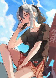 Rule 34 | 1girl, absurdres, between legs, black hair, black shirt, blue archive, blush, bright pupils, cloud, feet out of frame, food, grey hair, half-closed eyes, halo, hand between legs, highres, horns, kayoko (blue archive), kuro shiraga, looking at viewer, medium hair, mouth hold, multicolored hair, outdoors, ponytail, popsicle, red eyes, red skirt, shirt, short sleeves, sidelocks, sitting, skirt, skirt hold, solo, sweat, two-tone hair, white pupils
