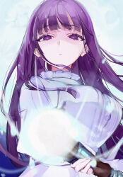 Rule 34 | 1girl, absurdres, blunt bangs, breasts, dress, fern (sousou no frieren), highres, large breasts, long hair, long sleeves, looking at viewer, mile (off8mile), purple eyes, purple hair, shaded face, sidelocks, solo, sousou no frieren, staff, white dress