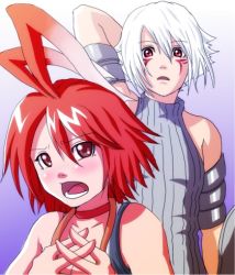 Rule 34 | .hack//, .hack//g.u., .hack//games, 00s, 1boy, 1girl, :d, antenna hair, armlet, bandai, bare shoulders, blush, cyber connect 2, facepaint, haseo, haseo (.hack//), long hair, looking at viewer, lowres, open mouth, red eyes, red hair, silver hair, smile, alkaid (.hack//)