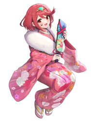 Rule 34 | 1girl, absurdres, facepaint, floral print, gonzarez, highres, japanese clothes, jewelry, kimono, new year, pyra (xenoblade), red eyes, red hair, sandals, short hair, solo, xenoblade chronicles (series), xenoblade chronicles 2, zouri