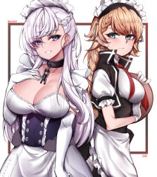 Rule 34 | 2girls, apron, azur lane, belfast (azur lane), blonde hair, blue eyes, blush, braid, breasts, chain, character name, chickenvomit, cleavage, collar, collarbone, corset, dress, elbow gloves, french braid, frills, g36 (girls&#039; frontline), girls&#039; frontline, gloves, hair ornament, hand on own chest, highres, holding, holding tray, large breasts, long hair, looking at viewer, maid, maid apron, maid headdress, medium breasts, multiple girls, sidelocks, silver hair, simple background, smile, sweatdrop, tray, very long hair, white gloves