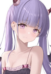 Rule 34 | absurdres, bare shoulders, black dress, black wings, blunt bangs, blush, closed mouth, collarbone, cosplay, demon horns, demon wings, dress, highres, horns, long hair, looking at viewer, new game!, purple eyes, purple hair, simple background, suzukaze aoba, ttusee5, twintails, upper body, white background, wings