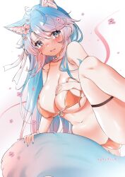 Rule 34 | 1girl, animal ears, artist name, bikini, blue eyes, blue hair, blue nails, blush, breasts, cleavage, dot nose, embarrassed, eyebrows, eyelashes, feet, female focus, fingernails, gradient hair, hand on own chest, highres, knee up, light blue hair, long hair, looking at viewer, lower teeth only, multicolored hair, nail polish, navel, nose blush, open mouth, orange bikini, pink hair, silvervale, simple background, skyrelle, solo, standing, standing on one leg, swimsuit, tail, teeth, thigh strap, thighs, tongue, two-tone hair, virtual youtuber, vshojo, wavy mouth, white background, wolf ears, wolf girl, wolf tail