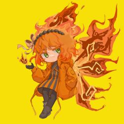 Rule 34 | 1girl, black dress, black footwear, black pantyhose, boots, chibi, closed mouth, dress, e.g.o (project moon), fiery hair, fiery wings, fire, freckles, green eyes, highres, ishmael (project moon), ivy (675671), jacket, limbus company, looking to the side, orange hair, orange jacket, pantyhose, project moon, simple background, solo, wings, yellow background