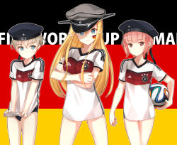 Rule 34 | 10s, 2014 fifa world cup, 3girls, adidas, alternate costume, ball, bare legs, beret, bismarck (kancolle), blonde hair, blue eyes, blush, brazuca, breast hold, breasts, brown hair, buruma, clothes writing, crossed arms, eight tohyama, facepaint, flag, german flag, germany, hat, highres, holding, kantai collection, logo, long hair, looking at viewer, military hat, multiple girls, peaked cap, red eyes, red hair, sailor hat, shirt tug, short hair, short sleeves, soccer, soccer ball, standing, star (symbol), world cup, z1 leberecht maass (kancolle), z3 max schultz (kancolle)