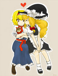 Rule 34 | 2girls, alice margatroid, blonde hair, brown eyes, covering own eyes, female focus, hat, hourai doll, kirisame marisa, kiss, multiple girls, ririvery, shanghai doll, sitting, surprised, touhou, v arms, witch, witch hat, yuri