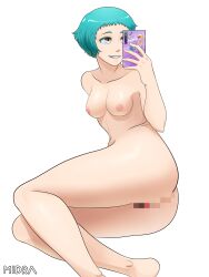 Rule 34 | 1girl, aqua hair, artist name, ass, barefoot, breasts, brown eyes, cellphone, censored, collarbone, commentary request, completely nude, feet out of frame, from behind, grin, highres, holding, holding phone, lying, midra, mosaic censoring, nipples, nude, on side, persona, persona 3, phone, selfie, short hair, small breasts, smartphone, smile, solo, thighs, white background, yamagishi fuuka