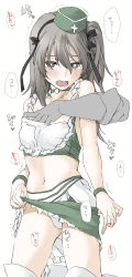 Rule 34 | 1girl, black ribbon, blouse, boots, bracelet, grabbing another&#039;s breast, bright pupils, brown eyes, choker, clothes lift, commentary, disembodied limb, elf (stroll in the woods), frilled skirt, frills, garrison cap, girls und panzer, grabbing, grabbing from behind, green choker, green headwear, green shirt, green skirt, hair ribbon, half-closed eyes, hat, heart, highres, jewelry, kneeling, lifted by self, light blush, light brown hair, long hair, looking at viewer, midriff, miniskirt, navel, official alternate costume, one side up, open mouth, pacific racing team, panties, race queen, ribbon, saliva, shimada arisu, shirt, simple background, skirt, skirt lift, sleeveless, sleeveless shirt, sweat, thigh boots, thighhighs, translation request, trembling, underwear, white background, white footwear, white panties, white pupils