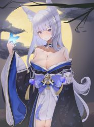 Rule 34 | 1girl, absurdres, animal ear fluff, azur lane, blue butterfly, blue kimono, blush, bow, breasts, bug, butterfly, butterfly on hand, cleavage, collar, daily (daily178900), detached collar, full moon, highres, insect, japanese clothes, kimono, large breasts, light purple hair, long hair, looking at viewer, mole, mole under eye, moon, off shoulder, purple bow, purple collar, purple eyes, shinano (azur lane), skirt, solo, standing, very long hair, very long sleeves, white skirt, wide sleeves