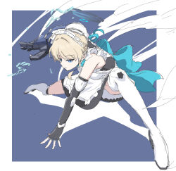 1girl back_bow bare_shoulders black_dress black_gloves blonde_hair blue_archive blue_background blue_bow blue_eyes blue_ribbon boots bow bun_cover dress elbow_gloves fingerless_gloves full_body gloves hair_bun halo nyaru_(nyaru_4126) power_fist ribbon shadow sleeveless sleeveless_dress solo thigh_boots toki_(blue_archive) white_footwear