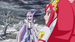 Rule 34 | 10s, 2girls, animated, animated gif, choker, crossover, cure ace, cure moonlight, dokidoki! precure, dress, earrings, epic, eyelashes, hair ornament, heartcatch precure!, jewelry, lipstick, long hair, lowres, madoka aguri, magical girl, makeup, multiple girls, ponytail, precure, puffy sleeves, red eyes, red hair, tsukikage yuri, very long hair