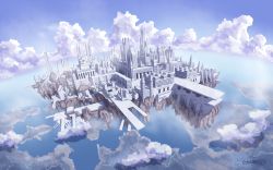 Rule 34 | cityscape, cloud, day, floating city, flying, langjiao, no humans, outdoors, pixiv fantasia, pixiv fantasia 5, scenery, sky, wallpaper