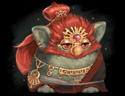 Rule 34 | beard, commentary, earrings, english commentary, facial hair, forehead jewel, furby, fusion, ganondorf, half-closed eyes, highres, jewelry, long hair, marissa (marissasketch), necklace, nintendo, no humans, original, red eyes, red hair, rehydrated ganondorf, ring, sanpaku, single hair ring, solo, the legend of zelda