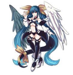 Rule 34 | 1girl, asymmetrical wings, black thighhighs, blue hair, breasts, detached sleeves, dizzy (guilty gear), feathered wings, full body, guilty gear, hair ribbon, highres, hina co 330, looking at viewer, red eyes, ribbon, simple background, smile, solo, tail, thighhighs, twintails, white background, wings