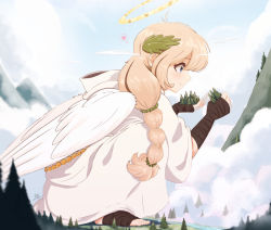 Rule 34 | 1girl, angel, angel wings, bandages, bandaged arm, bandages, blonde hair, blue eyes, braid, cloud, commentary, english commentary, from side, giant, giantess, hair ornament, halo, heart, holding, leaf hair ornament, long hair, mountain, mountainous horizon, original, raps (yohomeboyraps), robe, smile, solo, spoken heart, squatting, toeless footwear, white robe, wings