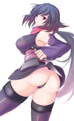 Rule 34 | 1girl, artist request, ass, ayame (gundam build divers), bare shoulders, black thighhighs, breasts, detached sleeves, from behind, gloves, gundam, gundam build divers, hair between eyes, highres, japanese clothes, kimono, large breasts, long hair, looking at viewer, looking back, low ponytail, ninja, panties, purple eyes, purple gloves, purple hair, red scarf, scarf, shiny skin, sideboob, simple background, sleeveless, sleeveless kimono, smile, solo, thick thighs, thighhighs, thighs, thong, underwear, very long hair, white background