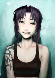 Rule 34 | 1girl, bare shoulders, black lagoon, brown eyes, brown hair, cigarette, fangs, fetishy, grin, long hair, looking at viewer, open mouth, ponytail, raised eyebrow, revy (black lagoon), shoulder tattoo, smile, solo, tank top, tattoo, uneven eyes