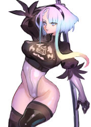 Rule 34 | 1girl, black dress, black hairband, blue eyes, boots, breasts, cleavage, cleavage cutout, clothing cutout, cosplay, cyberpunk (series), dakusuta, dress, feather-trimmed sleeves, hairband, highres, holding, holding weapon, juliet sleeves, large breasts, leotard, long sleeves, lucy (cyberpunk), mole, mole under mouth, nier (series), nier:automata, no blindfold, puffy sleeves, silver hair, solo, sword, thighhighs, thighhighs under boots, weapon, white leotard, 2b (nier:automata), 2b (nier:automata) (cosplay)