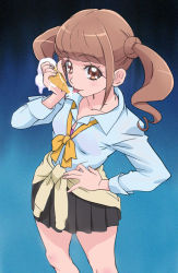 Rule 34 | 1girl, :p, black skirt, blue background, blue shirt, blunt bangs, brown eyes, brown hair, food, gradient background, hand on own hip, haruyama kazunori, healin&#039; good precure, hiramitsu hinata, ice cream, long sleeves, looking at viewer, pleated skirt, precure, sexually suggestive, shirt, short hair, skirt, solo, standing, tongue, tongue out, twintails, yellow neckwear