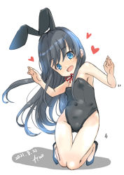 Rule 34 | 1girl, absurdres, animal ears, artist name, asashio (kancolle), black hair, black leotard, blue eyes, breasts, dated, fake animal ears, full body, fyuo, head tilt, highres, kantai collection, kneeling, leotard, long hair, looking at viewer, neck ribbon, playboy bunny, rabbit ears, red ribbon, ribbon, simple background, small breasts, smile, solo, strapless, strapless leotard, white background