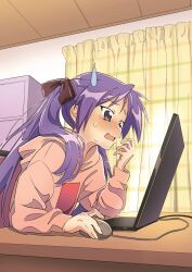 Rule 34 | 1girl, blush, bow, brown bow, brown hoodie, chair, commentary request, computer, curtains, desk, grey eyes, hair bow, hair ribbon, hand up, highres, hiiragi kagami, holding mouse (computer), hood, hoodie, hotaru iori, ichimi renge, indoors, laptop, long hair, long sleeves, looking at object, lucky star, mouse (computer), open mouth, purple eyes, purple hair, ribbon, sitting, solo, sweat, tongue