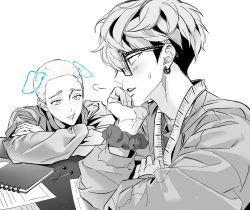 Rule 34 | 2boys, akarui 0, blush, buzz cut, closed mouth, earrings, glasses, greyscale, head rest, highres, jacket, jewelry, long sleeves, looking at another, male focus, mitsuya takashi, monochrome, multiple boys, notebook, paper, pin, profile, scar, scar on face, scrunchie, shiba hakkai, short hair, simple background, single earring, sweatdrop, tape measure, tokyo revengers, undercut, upper body, very short hair