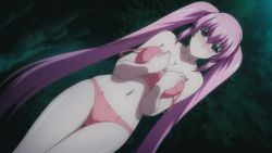 Rule 34 | 10s, 1girl, animated, animated gif, blush, breasts, closed eyes, green eyes, hagure yuusha no estetica, large breasts, lingerie, long hair, navel, night, nipples, ousawa miu, panties, pink hair, pink panties, solo, twintails, underwear, undressing