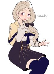 Rule 34 | 1girl, artist name, blonde hair, blue eyes, do m kaeru, fire emblem, fire emblem: three houses, garreg mach monastery uniform, hair over shoulder, hair ribbon, hand on own cheek, hand on own face, looking at viewer, low ponytail, mercedes von martritz, nintendo, open mouth, ribbon, sitting, smile, solo, striped ribbon, thighhighs, white background