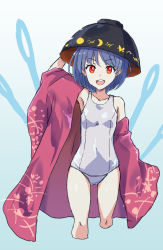 Rule 34 | 1girl, black hat, blue hair, bowl, bowl hat, collarbone, cropped legs, feet out of frame, gradient background, hat, highres, jack (wkm74959), needle, needle sword, one-hour drawing challenge, one-piece swimsuit, open mouth, orange eyes, round teeth, school swimsuit, short hair, smile, solo, sukuna shinmyoumaru, swimsuit, teeth, touhou, upper teeth only, white one-piece swimsuit
