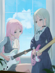 Rule 34 | 2girls, absurdres, bang dream!, bang dream! it&#039;s mygo!!!!!, blue dress, blurry, chihaya anon, collarbone, commentary request, demonwarlock, depth of field, dress, green hair, green ribbon, grey dress, grey eyes, grey hair, guitar, hair ornament, hairclip, highres, indoors, instrument, jewelry, long hair, long sleeves, multiple girls, music, neck ribbon, necklace, pinafore dress, pink hair, plaid, plaid dress, playing instrument, ribbon, shirt, sidelocks, sleeveless, sleeveless dress, sleeves past elbows, wakaba mutsumi, white shirt