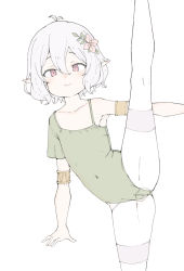 Rule 34 | 1girl, antenna hair, armlet, armpits, ass, bike shorts, cameltoe, covered navel, elf, flat chest, flower, green leotard, hair flower, hair ornament, kneepits, kokkoro (princess connect!), leg up, legs, leotard, pantyhose, pointy ears, princess connect!, red eyes, s10021, short hair, shorts, silver hair, simple background, smile, solo, split, standing, standing on one leg, standing split, thighhighs, thighs, white background, white shorts, white thighhighs