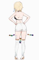 Rule 34 | 1girl, artist name, back, back turned, bare shoulders, black bra, blonde hair, bloomers, boots, bra, genshin impact, hair ornament, hands on own hips, high heel boots, high heels, highres, lumine (genshin impact), panties, q (oshikuraq), short hair, short hair with long locks, sidelocks, solo, thigh boots, translation request, underwear, white panties