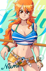 Rule 34 | 1girl, belt, bra, bracelet, breasts, brown eyes, character name, cleavage, cowboy shot, crop top, green bra, hair between eyes, jewelry, large breasts, long hair, looking at viewer, midriff, mike luckas, nami (one piece), navel, one piece, orange hair, short shorts, shorts, shoulder tattoo, solo, tattoo, underwear, white belt, yellow shorts