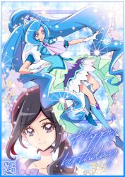 Rule 34 | 2girls, ascot, black hair, blue dress, blue eyes, blue footwear, blue hair, cure fontaine, diadem, dress, full body, gloves, happy birthday, healin&#039; good precure, jewelry, kamikita futago, layered dress, long hair, looking at viewer, low ponytail, magical girl, multiple girls, off-shoulder shirt, off shoulder, parted bangs, precure, puffy short sleeves, puffy sleeves, purple eyes, sawaizumi chiyu, shirt, short sleeves, smile, very long hair, wavy hair, white gloves, white shirt