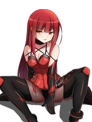 Rule 34 | 1girl, black footwear, black gloves, black neckwear, boots, breasts, brown eyes, brown thighhighs, choker, cleavage, collarbone, crimson avenger (elsword), elbow gloves, elesis (elsword), elsword, gloves, highres, jitome, leotard, long hair, looking at viewer, m legs, medium breasts, multicolored eyes, pantyhose, parted lips, red hair, simple background, sitting, solo, spread legs, thigh boots, thighhighs, white background, yellow eyes, zetsuei (zetto)