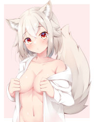 Rule 34 | 1girl, animal ears, breasts, collarbone, hair between eyes, head tilt, inubashiri momiji, looking at viewer, medium breasts, open clothes, open shirt, pink background, red eyes, rururiaru, shirt, short hair, simple background, solo, tail, touhou, white hair, white shirt, wolf ears, wolf tail