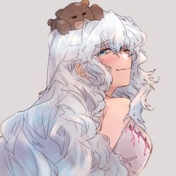 Rule 34 | 1girl, artemis (fate), bare shoulders, bear, blue eyes, breasts, couple, dress, fate/grand order, fate (series), long hair, one eye closed, orion (bear) (fate), sitting, sitting on head, sitting on person, wonakira