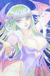 Rule 34 | 1girl, animal print, arm behind back, armpits, bare shoulders, bat print, blue eyes, breasts, capcom, cleavage, clothing cutout, covered navel, demon girl, green hair, head wings, heart cutout, highres, large breasts, long hair, morrigan aensland, parted lips, seductive smile, smile, traditional media, vampire (game), wings