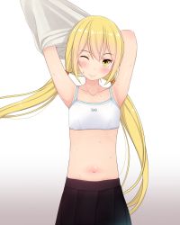 Rule 34 | 10s, 1girl, ;&gt;, arms up, bare shoulders, black skirt, blonde hair, blue bow, blush, body blush, bow, bow bra, bra, collarbone, cowboy shot, flat chest, gradient background, grey shirt, hair between eyes, hair tie, head tilt, highres, kadokawa shoten, kantai collection, kiyomin, lips, long hair, looking at viewer, low twintails, navel, pink lips, pleated skirt, satsuki (kancolle), shiny skin, shirt, skirt, smile, solo, standing, stomach, training bra, tsurime, twintails, underwear, undressing, very long hair, white background, white bra, yellow eyes