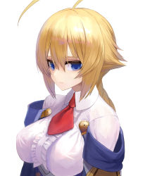 Rule 34 | 1girl, ahoge, belt, black legwear, blazblue, blazblue: central fiction, blonde hair, blue eyes, braid, braided ponytail, breasts, buttons, center frills, closed mouth, es (xblaze), expressionless, frills, hair between eyes, huge ahoge, kaeru (meriruou), large breasts, looking at viewer, looking to the side, necktie, oppai loli, petticoat, red necktie, simple background, single braid, solo, upper body, white background, xblaze