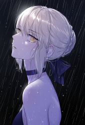 Rule 34 | 1girl, absurdres, artoria pendragon (all), artoria pendragon (fate), bare shoulders, black background, black dress, blonde hair, braid, breasts, dress, fate/stay night, fate (series), french braid, hair ribbon, highres, long hair, looking at viewer, medium breasts, nipi27, parted lips, rain, ribbon, saber alter, sidelocks, solo, wet, yellow eyes