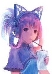 Rule 34 | 1girl, backlighting, cup, drink, drinking straw, expressionless, headphones, holding, original, pink hair, ponytail, red eyes, sakimori (hououbds), short ponytail, sidelocks, simple background, solo, upper body, white background