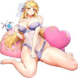 Rule 34 | 1girl, blonde hair, blush, bra, breasts, full body, game cg, green eyes, highres, indomitable marie, kakiman, large breasts, last origin, lingerie, long hair, looking at viewer, official art, panties, pillow, sitting, solo, tachi-e, thighs, transparent background, underwear, underwear only, wariza