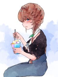 Rule 34 | 1girl, absurdres, black sleeves, blue eyes, blue overalls, blush, braid, brown hair, clothing cutout, crown braid, fate/grand order, fate (series), food, hand up, highres, holding, holding food, holding ice cream, holding spoon, ice cream, looking at viewer, looking to the side, navel, navel cutout, open mouth, overalls, puffy sleeves, shimogamo (shimomo 12), side braid, sitting, solo, spoon, van gogh (fate)