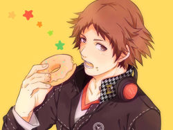 Rule 34 | 1boy, atlus, bad id, bad pixiv id, brown eyes, brown hair, doughnut, eating, food, hanamura yousuke, headphones, headphones around neck, houndstooth, jpeg artifacts, male focus, open mouth, persona, persona 4, school uniform, solo, spiked hair, tiitakeo, yellow background