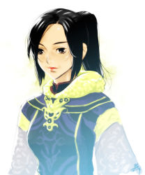 Rule 34 | 00s, 1girl, black eyes, black hair, breasts, closed mouth, final fantasy, final fantasy xi, fur collar, hume, kapolo systems, long hair, long sleeves, looking away, medium breasts, parted bangs, ponytail, red lips, signature, simple background, solo, uniform, upper body, white background, white mage (final fantasy)