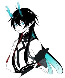 Rule 34 | 1boy, aethervox, aqua eyes, aqua hair, aqua horns, arms at sides, bare shoulders, black hair, bright pupils, cleavage cutout, closed mouth, clothing cutout, colored inner hair, commentary request, cowlick, cropped torso, dan heng (honkai: star rail), dan heng (imbibitor lunae) (honkai: star rail), earrings, expressionless, eyeliner, hair between eyes, honkai: star rail, honkai (series), horns, jewelry, long hair, looking at viewer, makeup, male focus, multicolored hair, partially colored, pointy ears, red eyeliner, simple background, solo, split mouth, translucent horns, upper body, white background, white pupils